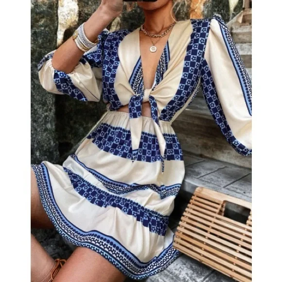 Boho blue cream floral print ruffle knot front mini dress - Picture 5 of 5